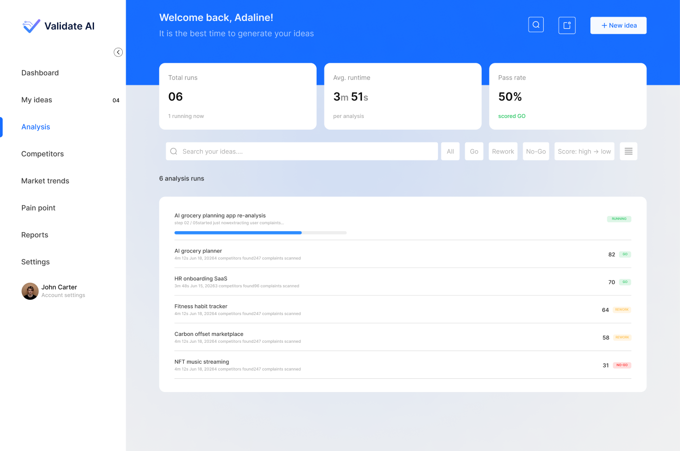 Validate AI analysis screen showing runs, progress, scores and result states