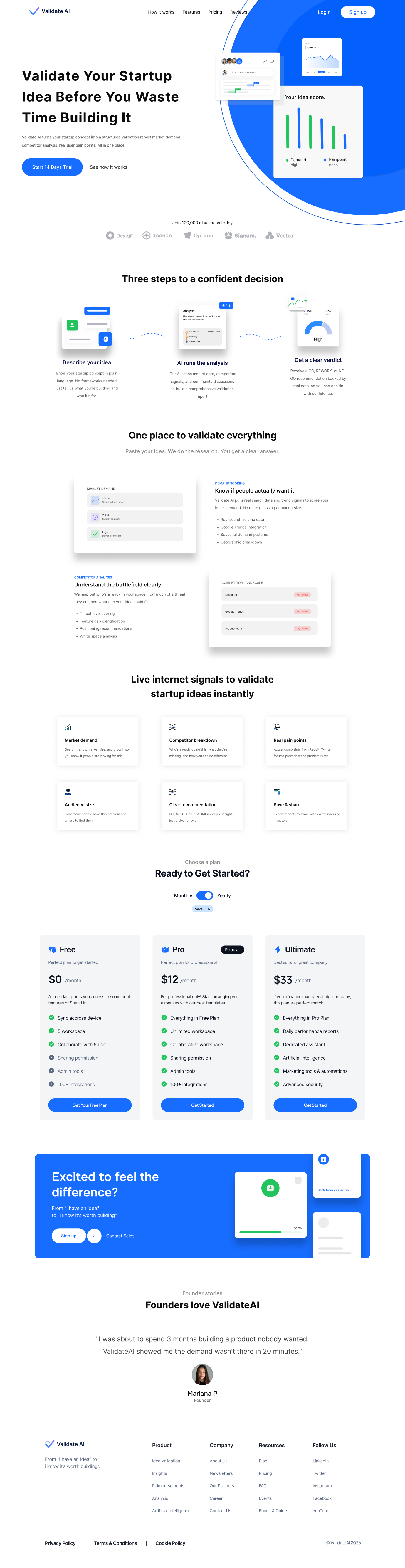 Original Validate AI Figma home page with product explanation, features, pricing and founder story