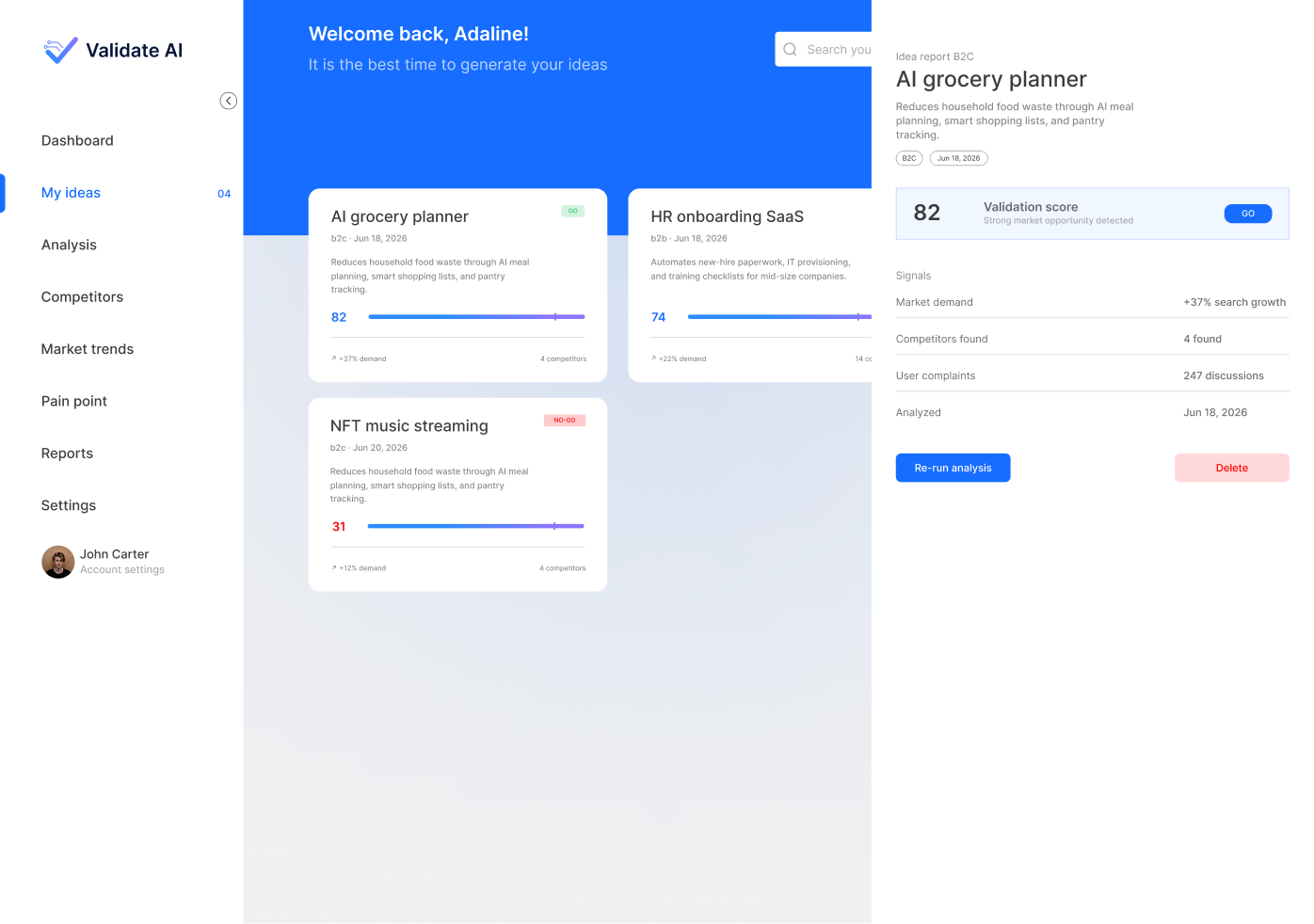 Validate AI My Ideas screen with validation scores and an idea report panel