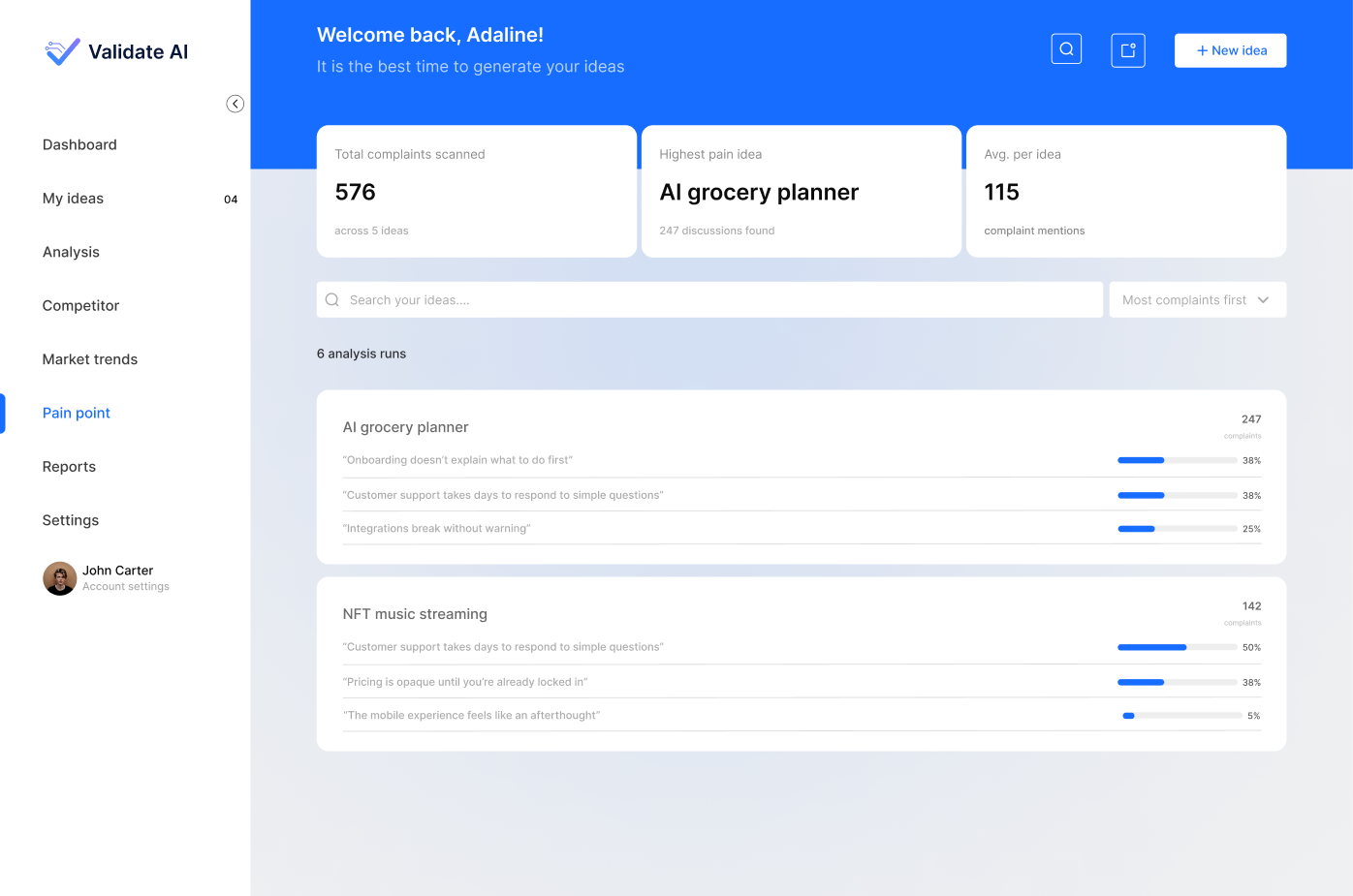 Validate AI pain point screen showing complaint evidence and frequency