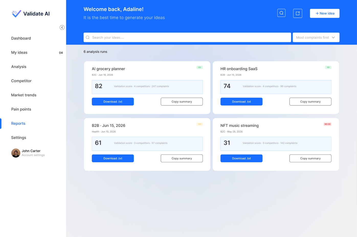 Validate AI reports screen with validation scores and downloadable summaries