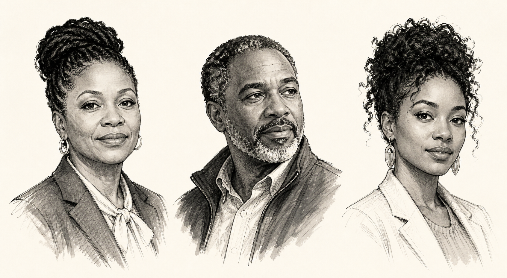 Hand drawn portraits representing a school administrator, nonprofit leader, and entrepreneur