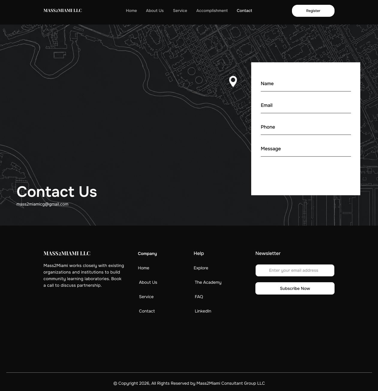 Full Mass2Miami Contact page design